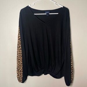 Daytrip Black Top with Leopard Print Sleeves
